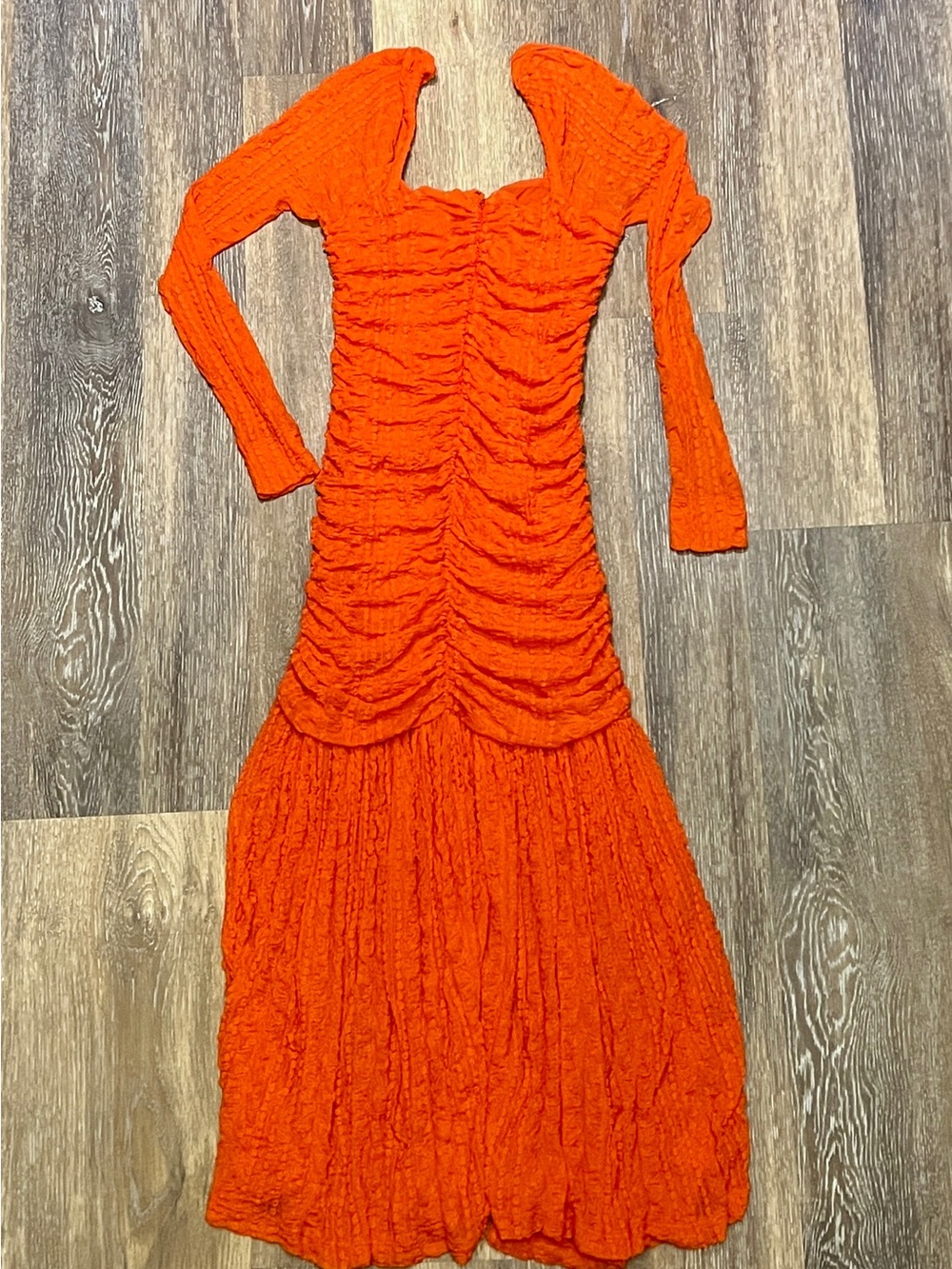 Ganni Vibrant Orange Ruched Long Sleeve Midi Dress